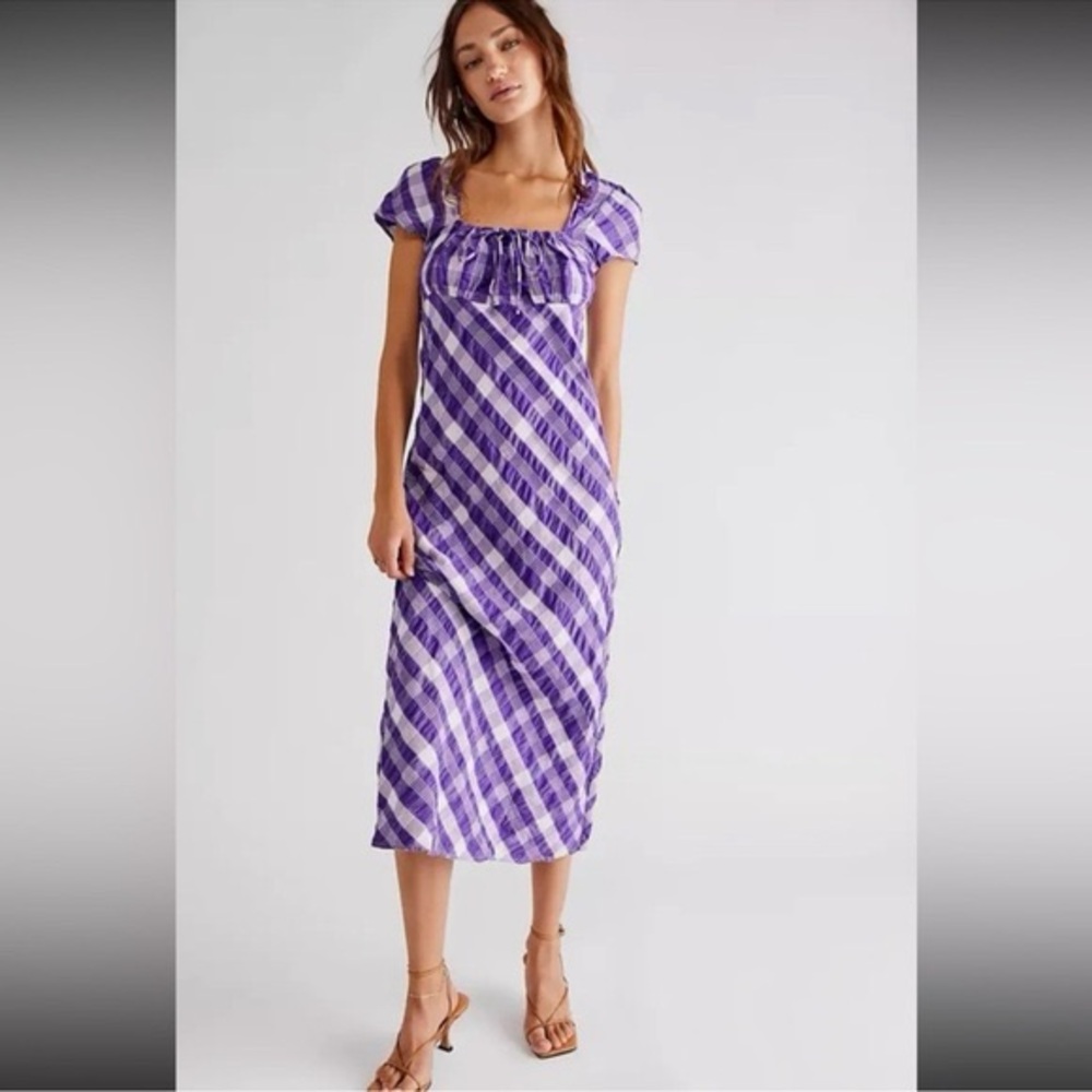 Elegant Purple Plaid Midi Dress FREE PEOPLE